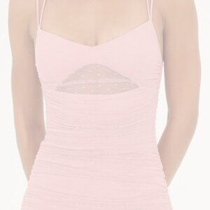 Lucy in the Sky Sandra Dotted Mesh Ruched Bodycon Dress in Pink size M